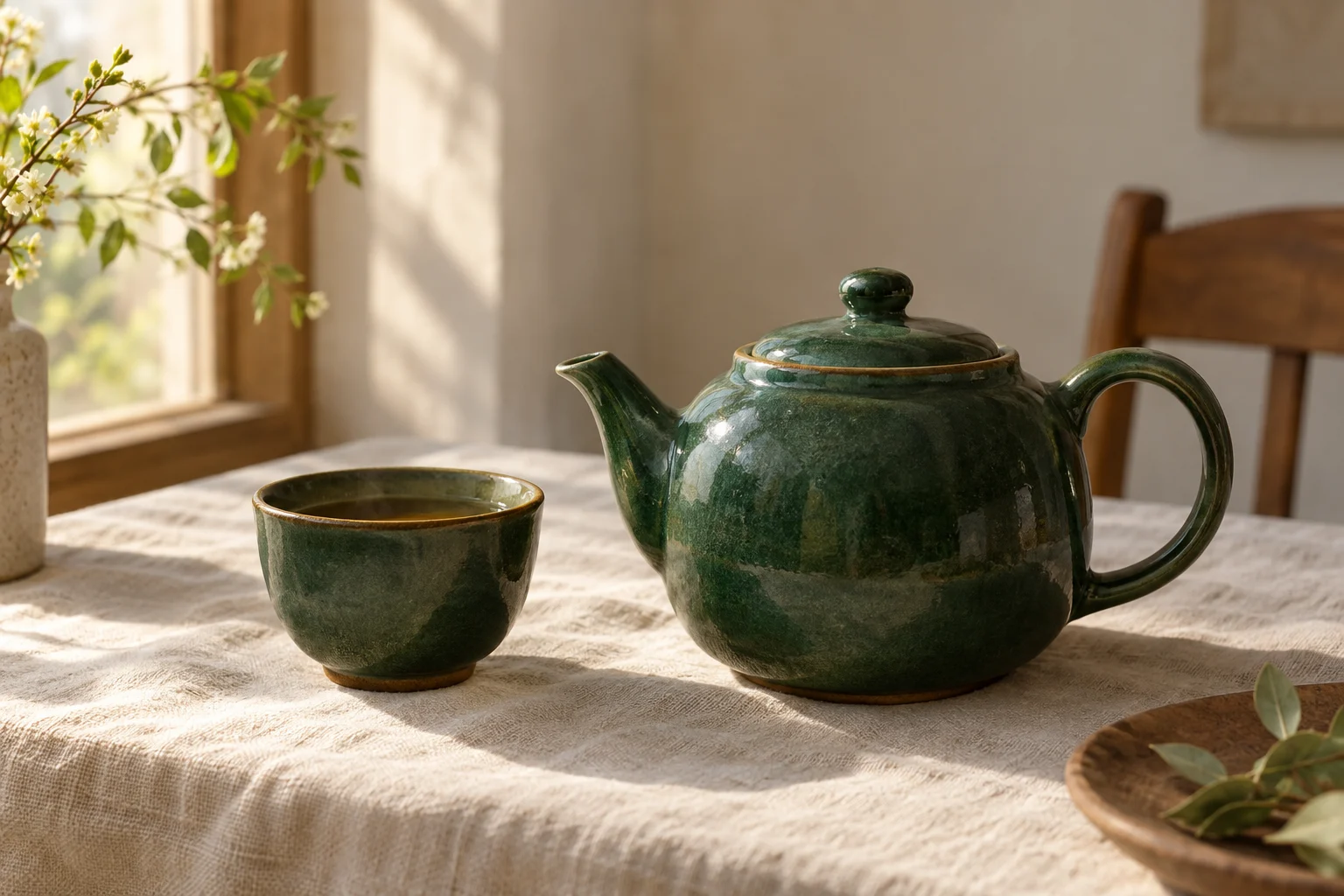 文字生图实测，森林绿陶瓷茶壶和茶杯放在奶油色亚麻布上，窗边柔光照入