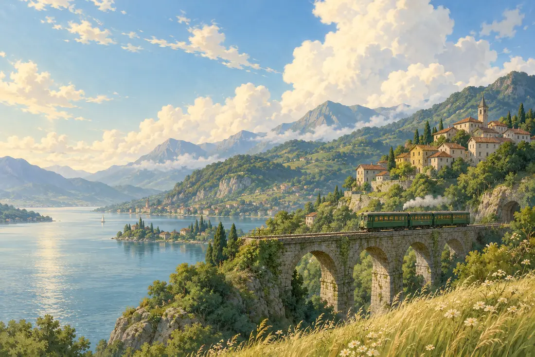 Original countryside artwork with a green train crossing a stone bridge above a lake