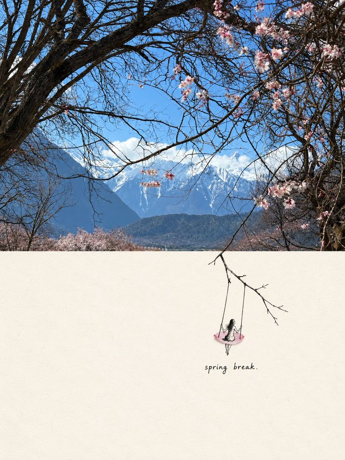 Cherry blossoms and mountains extend into a small drawn swing on paper