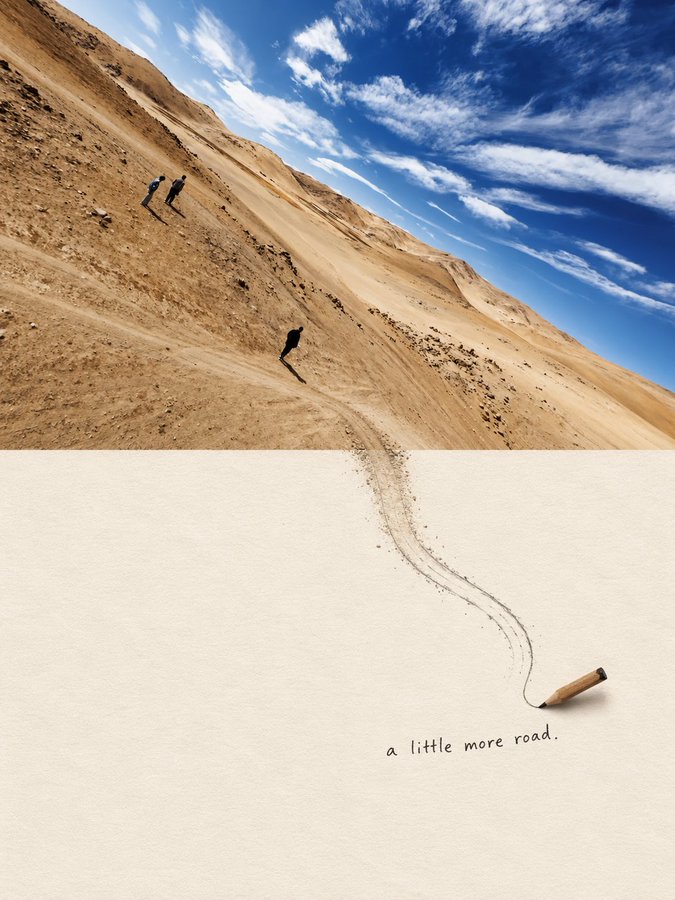 Desert photograph flows into a pencil-drawn path on ivory paper