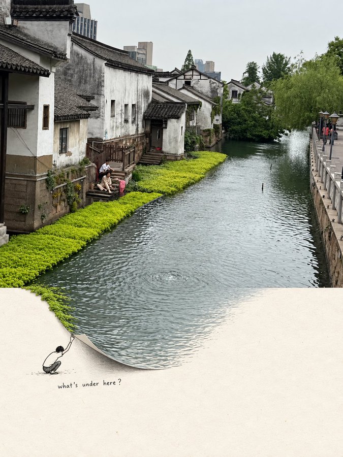 Canal photograph curls like a sheet of paper lifted by a drawn figure
