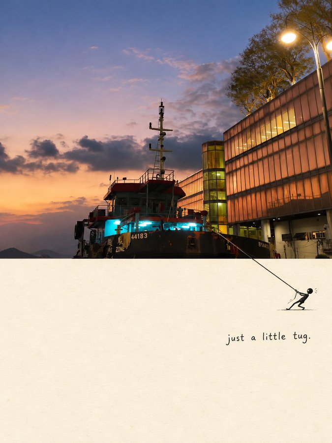 A sunset harbor and ship continue onto paper where a tiny figure pulls a rope