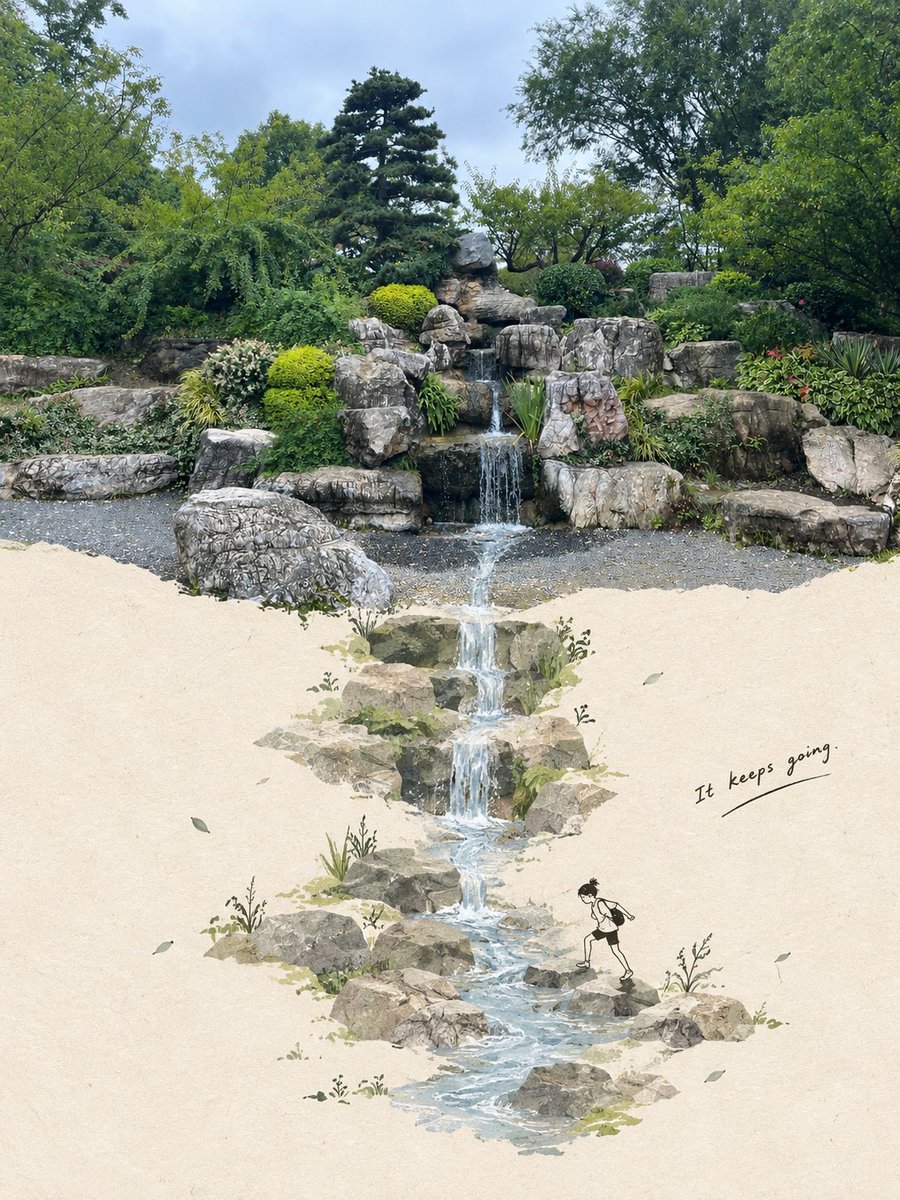 Garden waterfall flows down illustrated paper rocks beside a small hiking figure